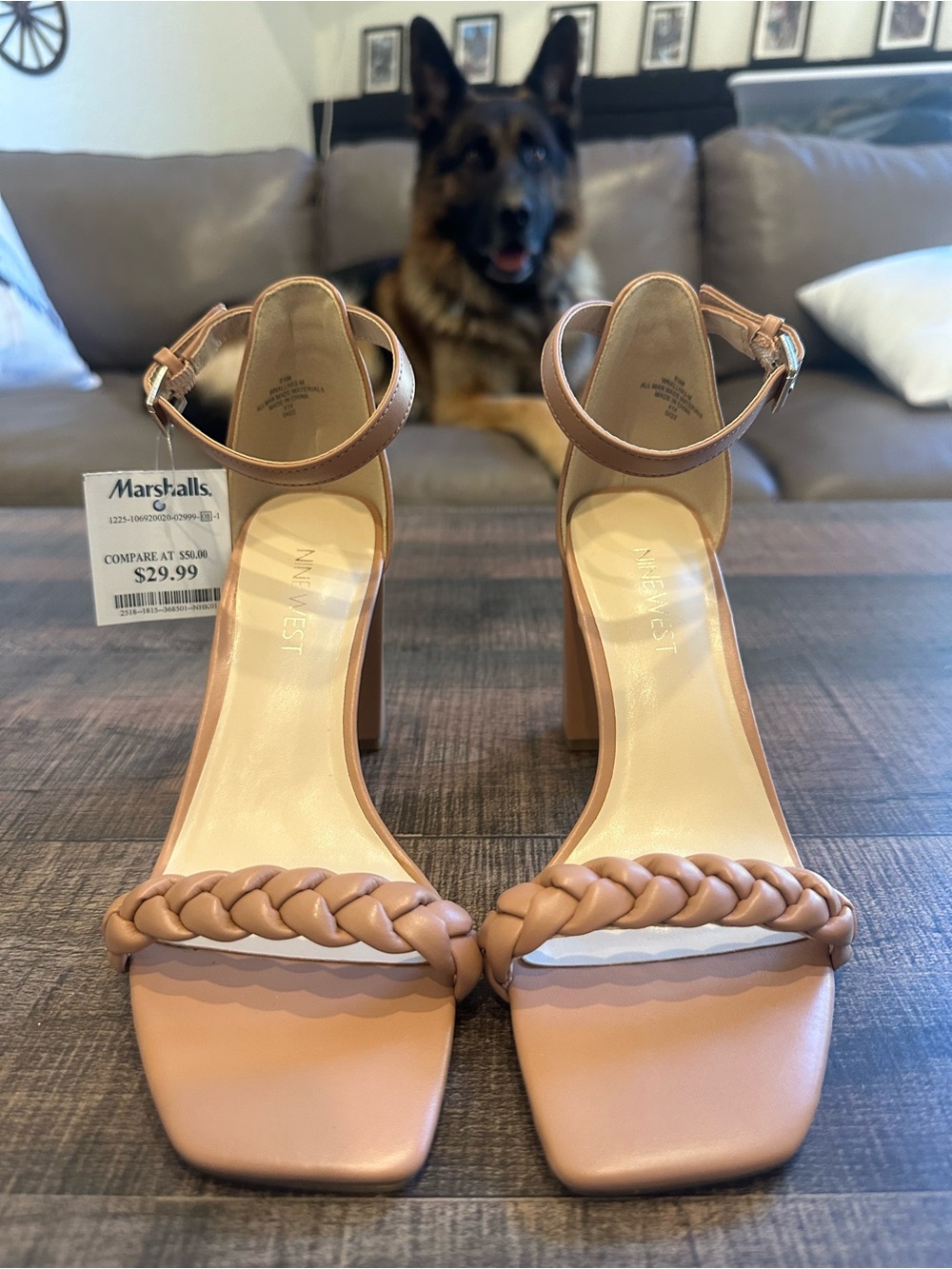 Nine West Blush Tan Braided Strap Block Heels